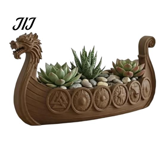 Resin Decorative Plant Pot Viking Longship Planter Pot, Dragon Boat Indoor Holder for Cacti Creative Air Plants, Rustic Nordic Ship Container