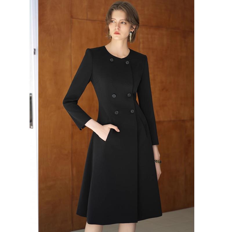 Spring/Fall Black Double-Breasted Professional Mid-Length Dress with Goddess Swing Skirt