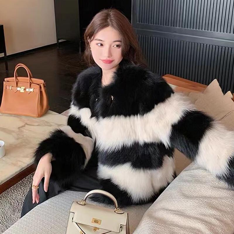 KAISER Women's Colorblock Double-breasted Rabbit Fur Coat