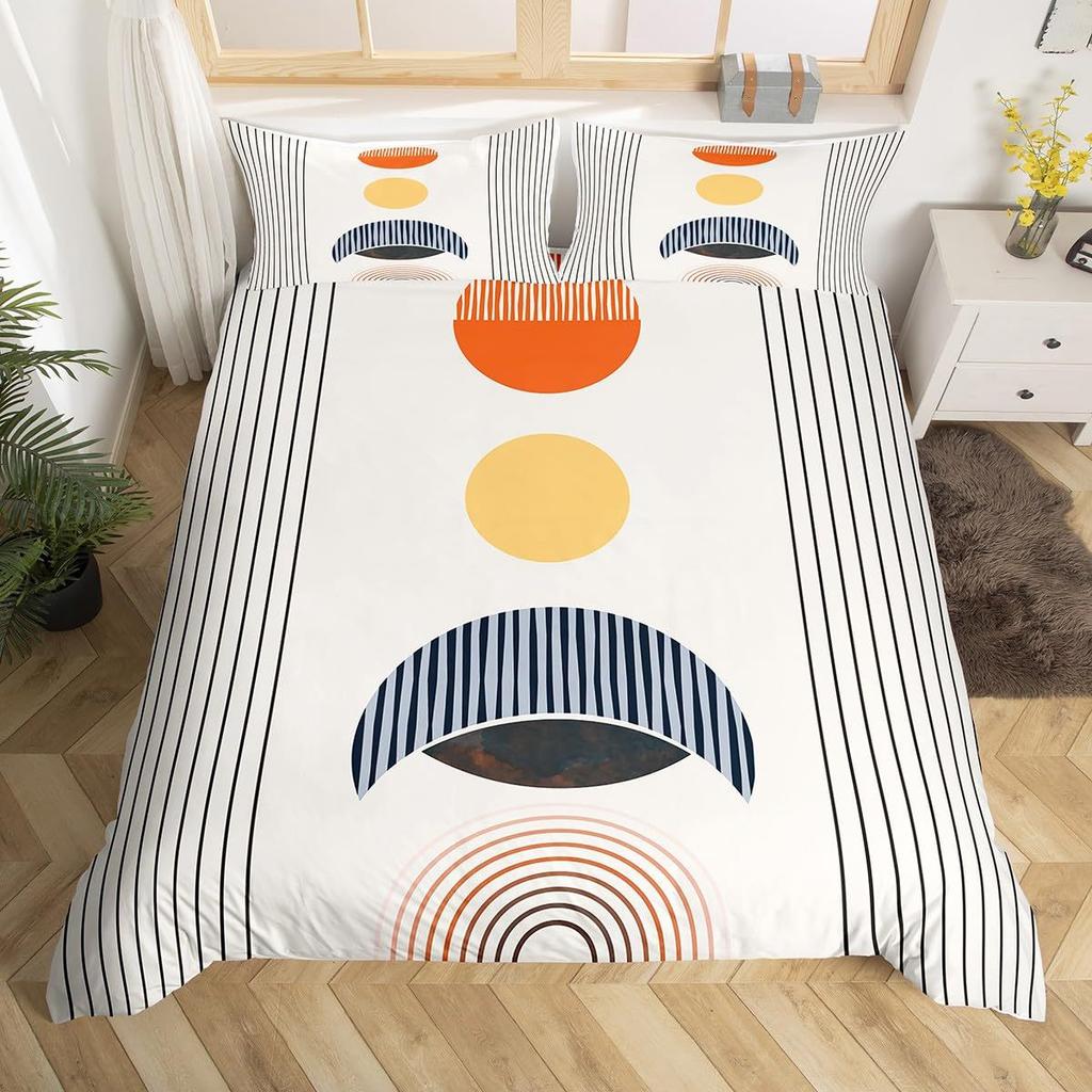 Mid Century Modern Påslakan Set King Abstrakt Geometriska Balansformer Regnbåge Sol Cirklar Boho Täcke Överdrag Sängkläder Set