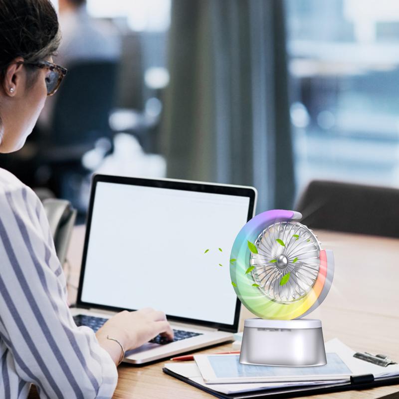 Rechargeable Desk Fan Colorful Quiet Cooling Fan USB Rechargeable Camping Fan With Flashing Light 3 Speeds Adjustable Portable
