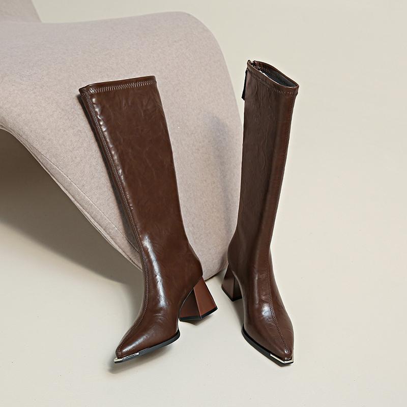 Módní kozačky nad koleno s špičatou špičkou Dámské 2025 Nové podzimní a zimní retro černé kozačky nad koleno na vysokém podpatku