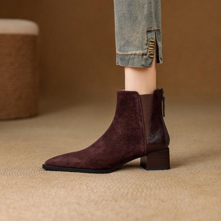 Brown Chelsea Boots Women's Pointed Boots Thick Heel Mid Heel Autumn and Winter Zipper Short Boots Fashion Retro Short Boots Versatile