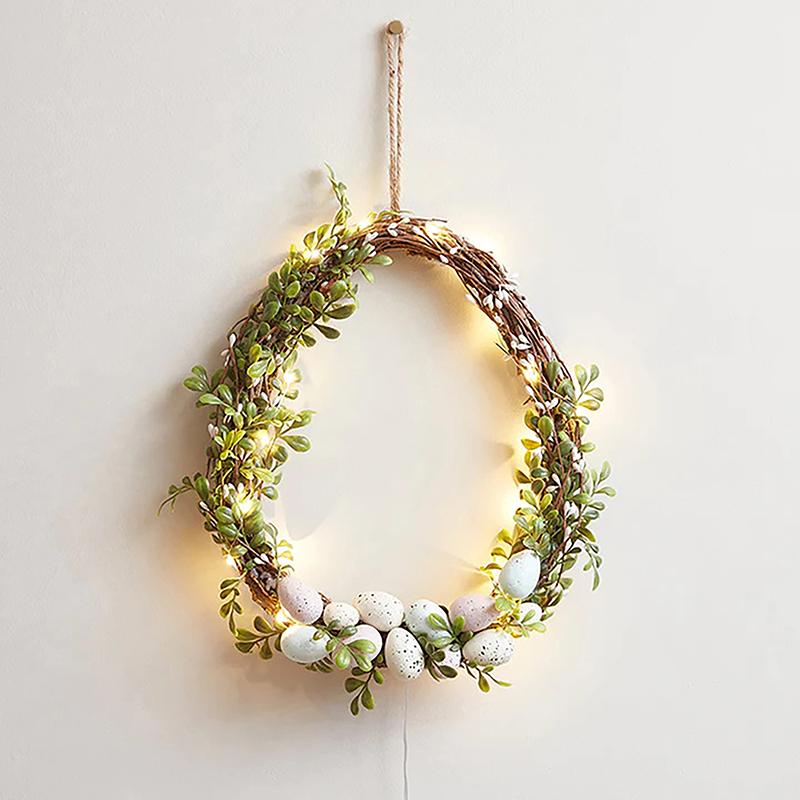 

Front Door Easter Wreath With Colorful Eggs, Spring Wreath For Easter Decoration With Led Warm Lights, Easter Wreath For Home Wa