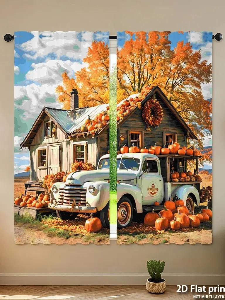 Piece Set High Definition Digital Printed Curtainsautumncolorcountrystylehousepumpkinoldtruckhome Decoration Style Curtain Polyester