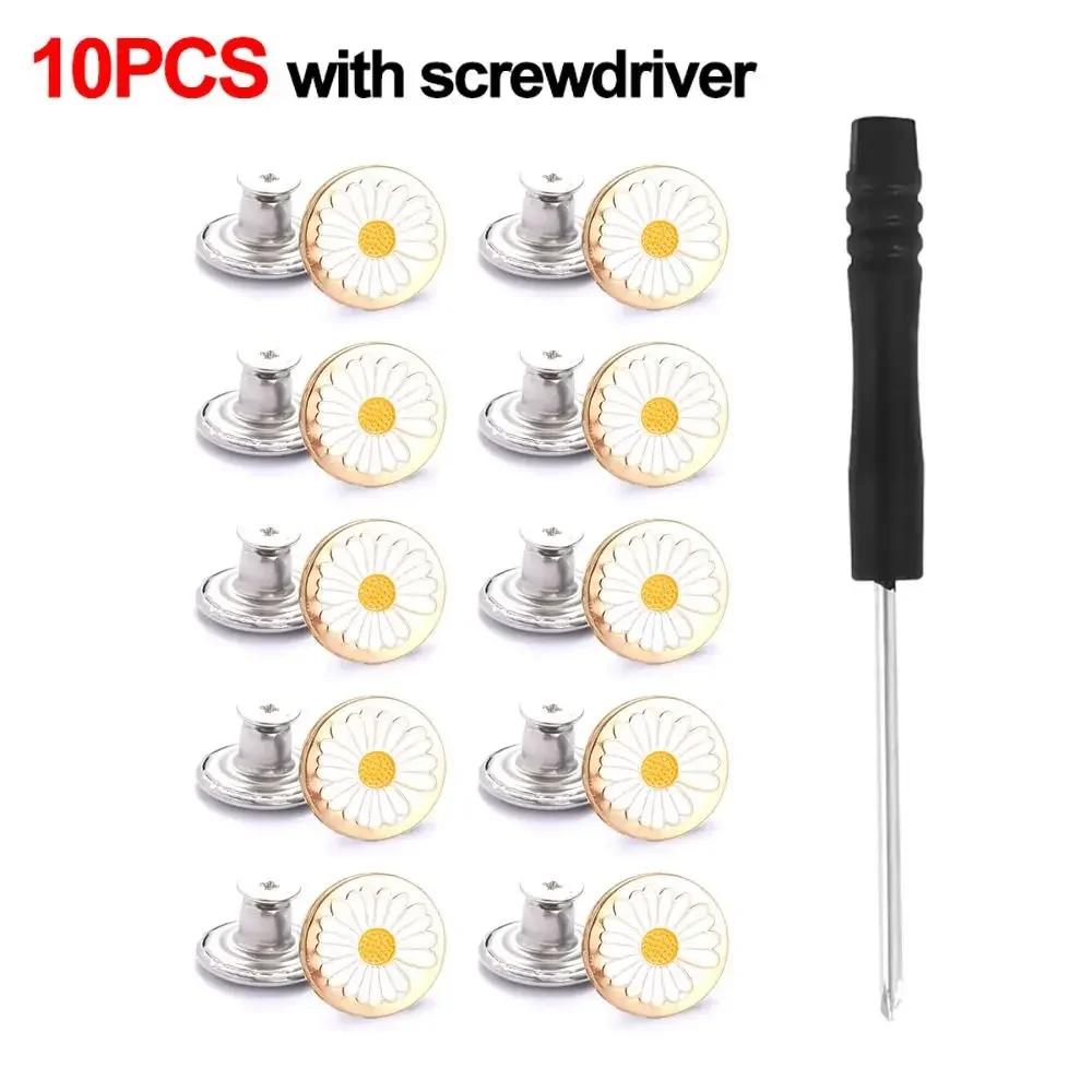 10Pcs Metal Jeans Buttons 17mm Replacement No-Sewing Screw Button Repair Kit Nailless Removable Jean Buckles Clothing Pants Pins