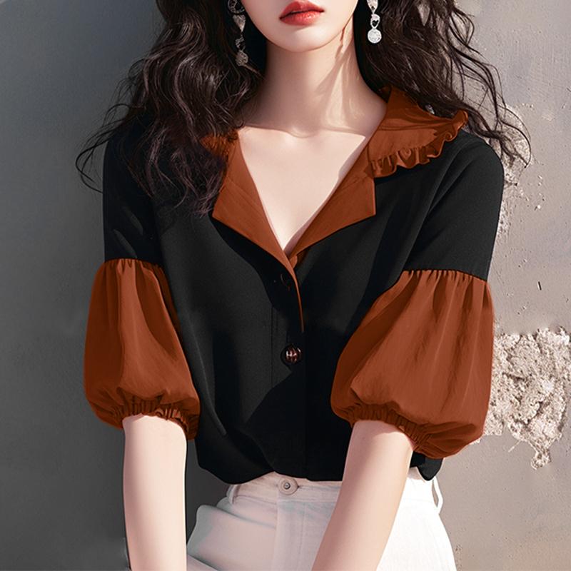 

VONDA Женские летние блузки с короткими рукавами и оборками на лацканах 4XL коричневый