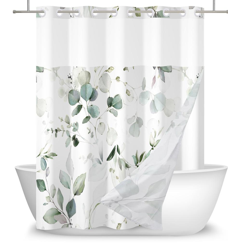 Hookless Double Layer Shower Curtain Waterproof Removable Lined Leaves Plants Flower Modern Bathroom Decorative Shower Curtains