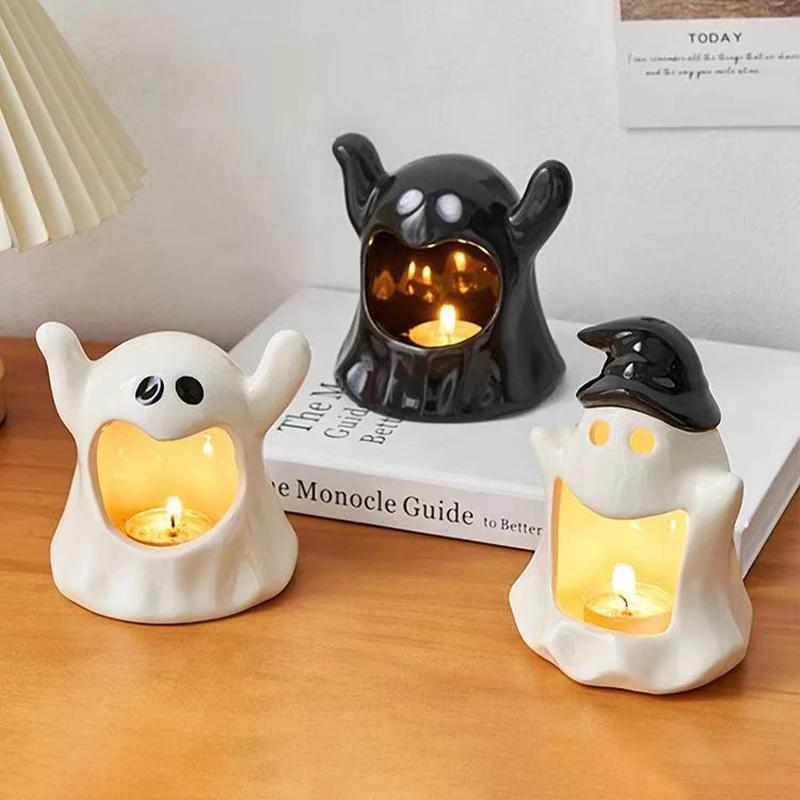 Ceramic Halloween Ghost Candle Holder Cute Rabbit Figurine Scented Candle Holder Home Table Candlestick Decorative Ornaments
