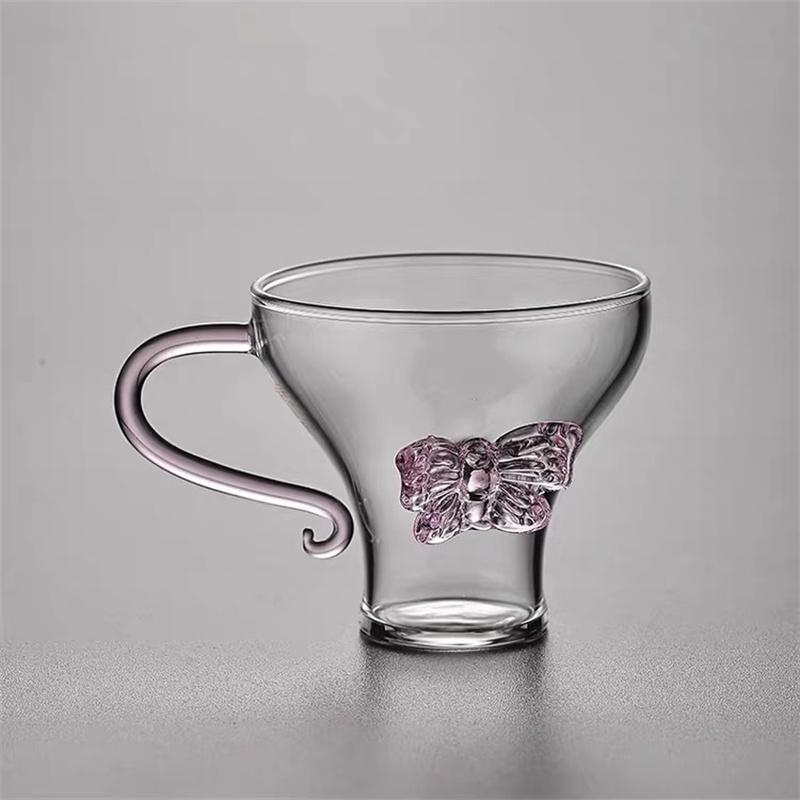 100ml Small Capacity Elegant Pink Butterfly Glass Mug Curved Handle Clear Coffee Tea Cup High Borosilicate Glass Cup Drinkware