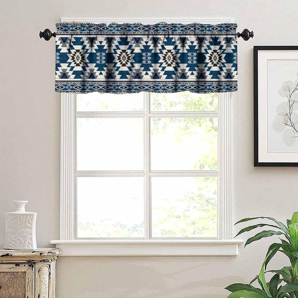 Blue Tribal Valance, Navajo Native American Navy Blue White Aztec Ethnic Geometric Print Blackout Short Window Curtain Drape for Kitchen Bedroom Cafe