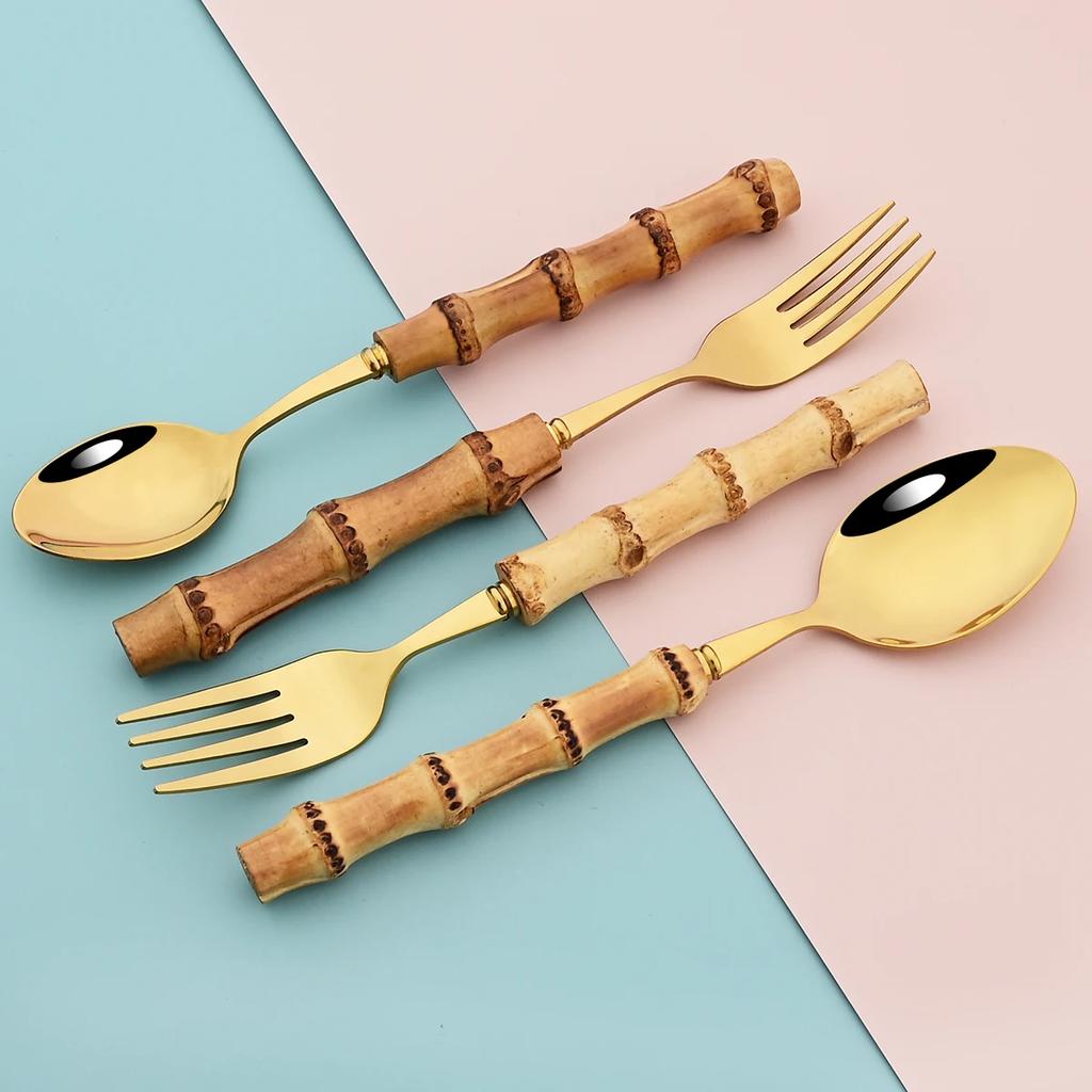 20Pcs Mirror Stainless Steel Cutlery Set Wood Bamboo Root Handle Dinnerware Knife Spoon Cake Fork Tableware Kitchen Silverware
