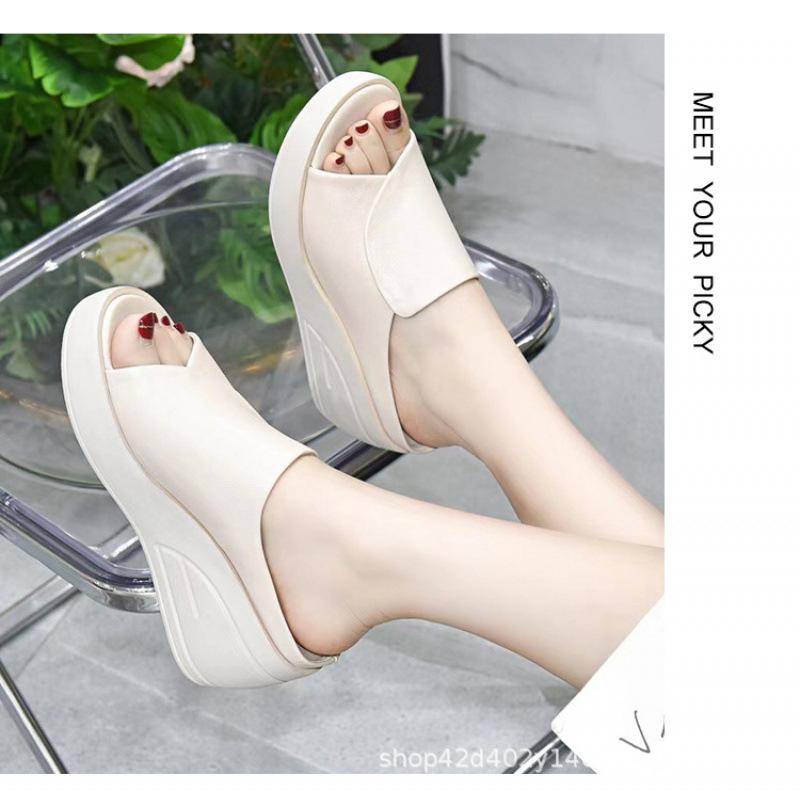 2025 new soft leather wedge cool slippers women's summer wear fashion Internet celebrity muffin thick bottom one word cool slippers