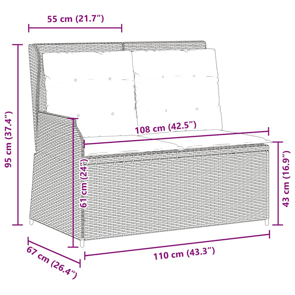 Adjustable Garden Bench with Cushions Grey Poly Rattan