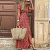 Floral Printed Belt V-neck Short Sleeve Women Long Dress Side Split Summer Lady Holiday Robe