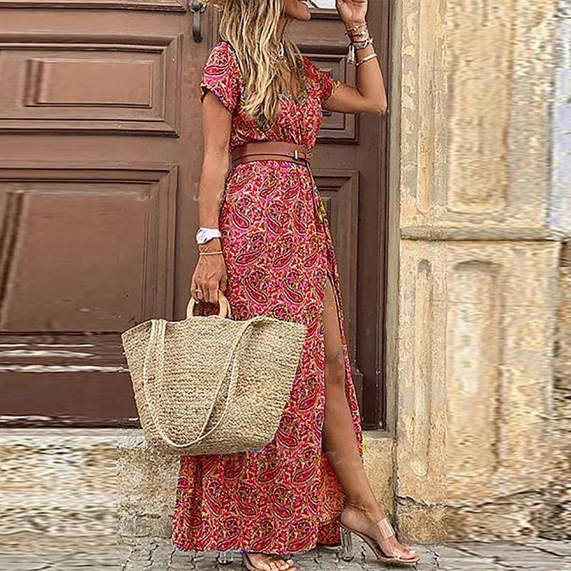Floral Printed Belt V-neck Short Sleeve Women Long Dress Side Split Summer Lady Holiday Robe