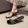 Transparent high-heeled slippers women's 2025 summer outer wear new fashion square crystal thick-heeled cool slippers