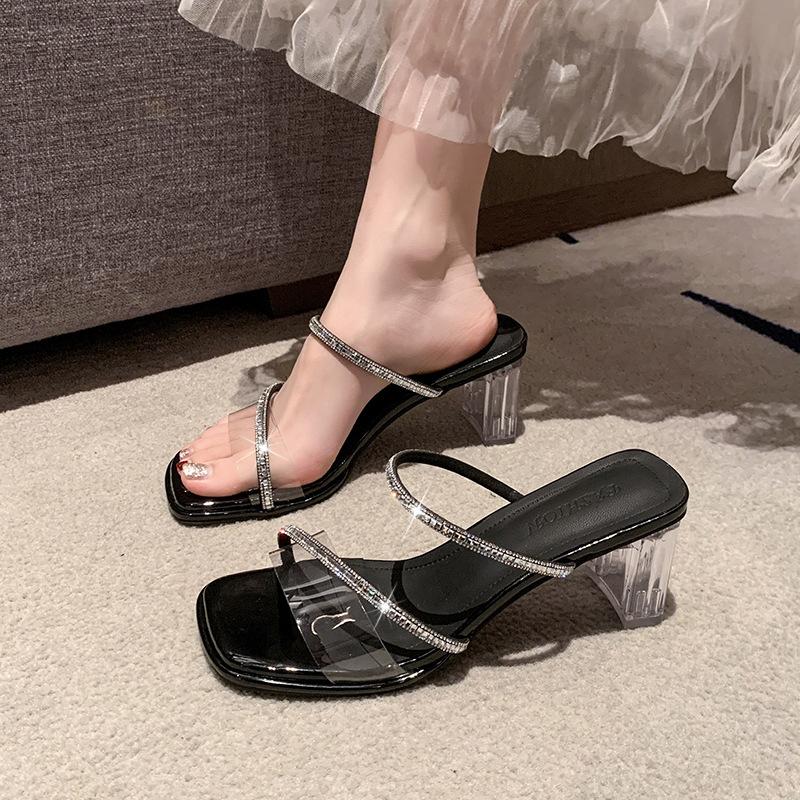 Transparent high-heeled slippers women's 2025 summer outer wear new fashion square crystal thick-heeled cool slippers