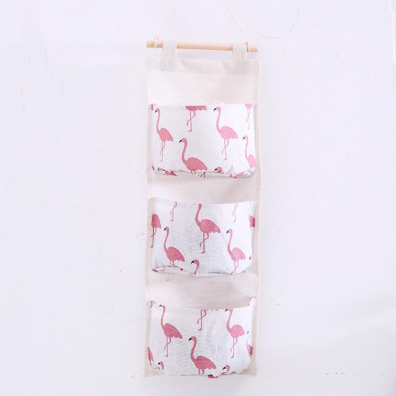 Grid Pattern Cotton Linen Three-Pocket Hanging Storage Bag