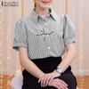ZANZEA Women Casual Turn Down Collar Short Sleeve Embroidery Stripe Blouse