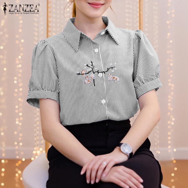 ZANZEA Women Casual Turn Down Collar Short Sleeve Embroidery Stripe Blouse