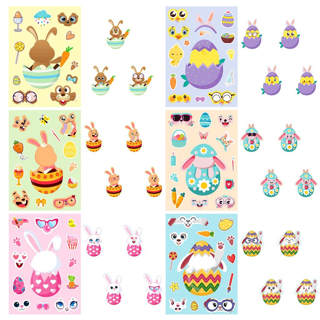 6 Photos/pack of Rabbit Eggs Easter Children's DIY Face-changing Stickers Cute Puzzle Stickers