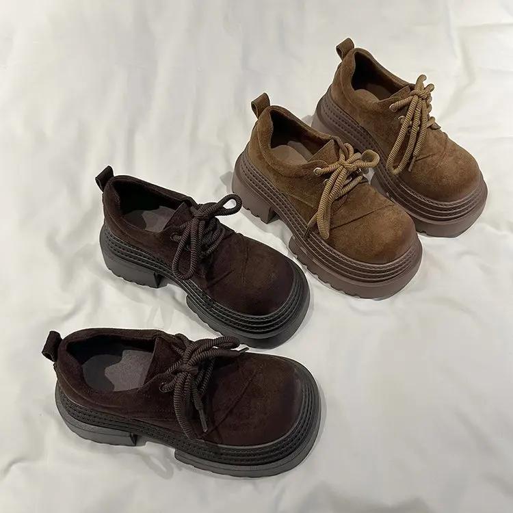 Fashion Women heels brown vintage platform Nubuck Leather Shoes women's Comfortable Lace Up Oxford Loafers Casual College Student Shoe
