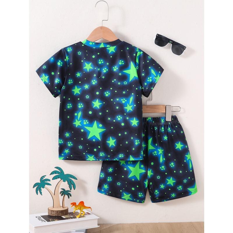 Directional Hot Selling Summer Boys Cool Dinosaur with Stars Printed Short-Sleeved Shorts Suit Abstract Style