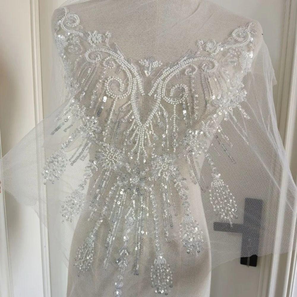 European Style Beaded Sequins Lace Patch White Wedding Dress Applique Front Chest