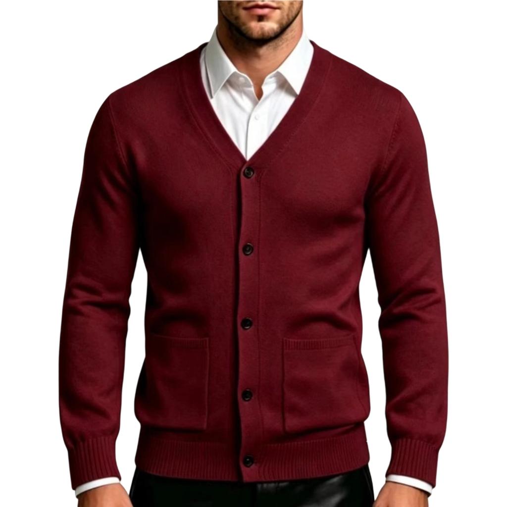 Men's V-Neck Slim Fit Cardigan Sweater Color Trendy Casual Knitwear for Daily Wear