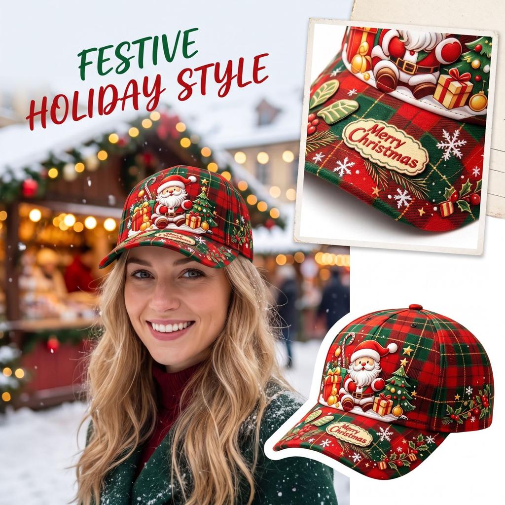 Christmas Green Digital Print Curved Baseball for Holiday Festive Wear