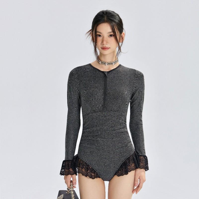 

Hot Girl Design Round Collar Half-zipper Lace Trim Slim Beach Swimsuit Western-style Light Luxury Slimming Jumpsuit L серебряный