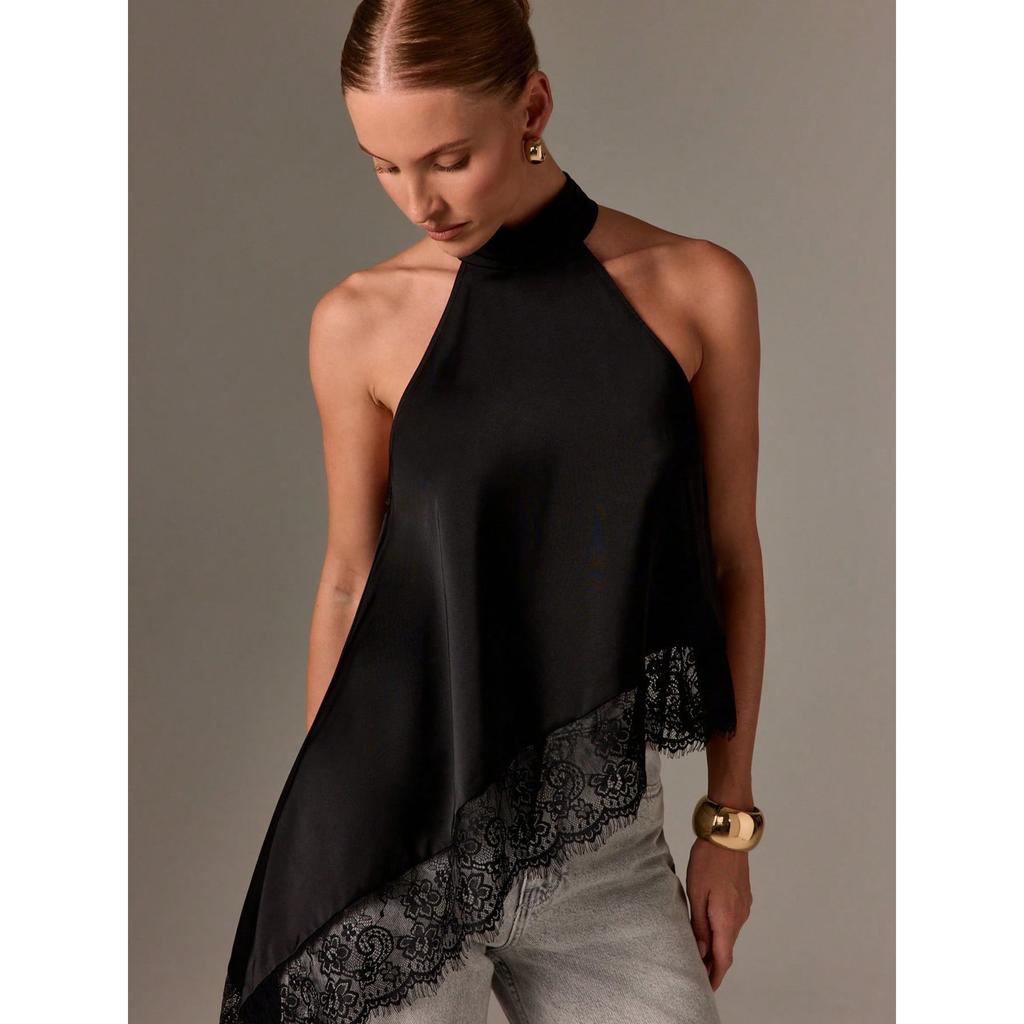 Women's Halter Neck Sleeveless Loose Fit Solid Color Lace Trim Top Sexy Blouse