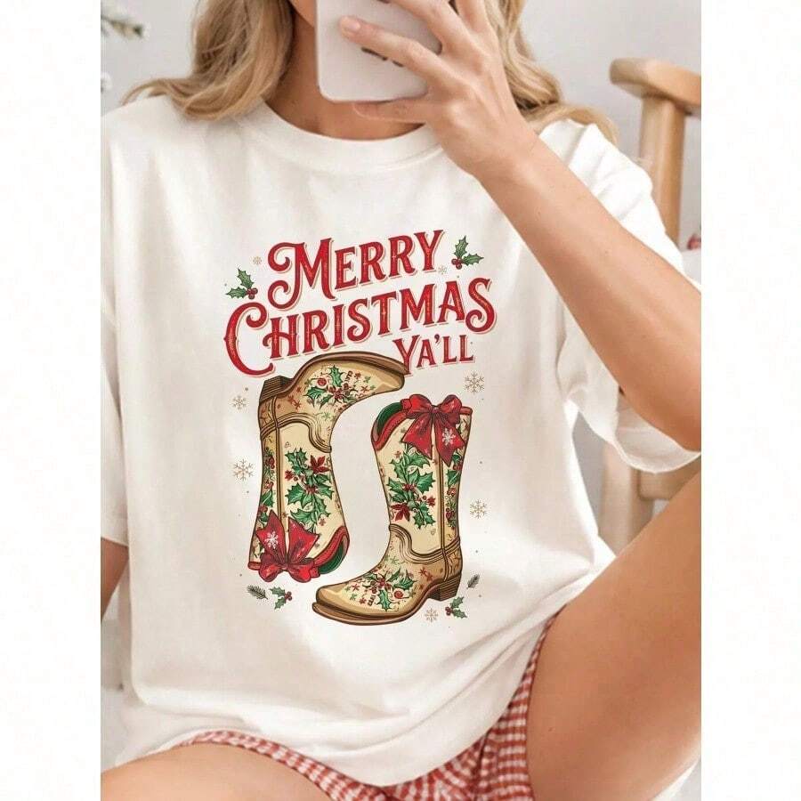2026 New Western Style Merry Christmas Y'all Graphic T Shirt For Women Cowboy Boots Holly Snowflake Print Casual Short Sleeve Holiday Top