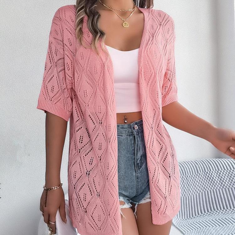 Elegante Damen Strickjacke mit V-Ausschnitt, locker gestrickt, einfarbig kariert, Pullover, Oberteile für Frühling und Sommer