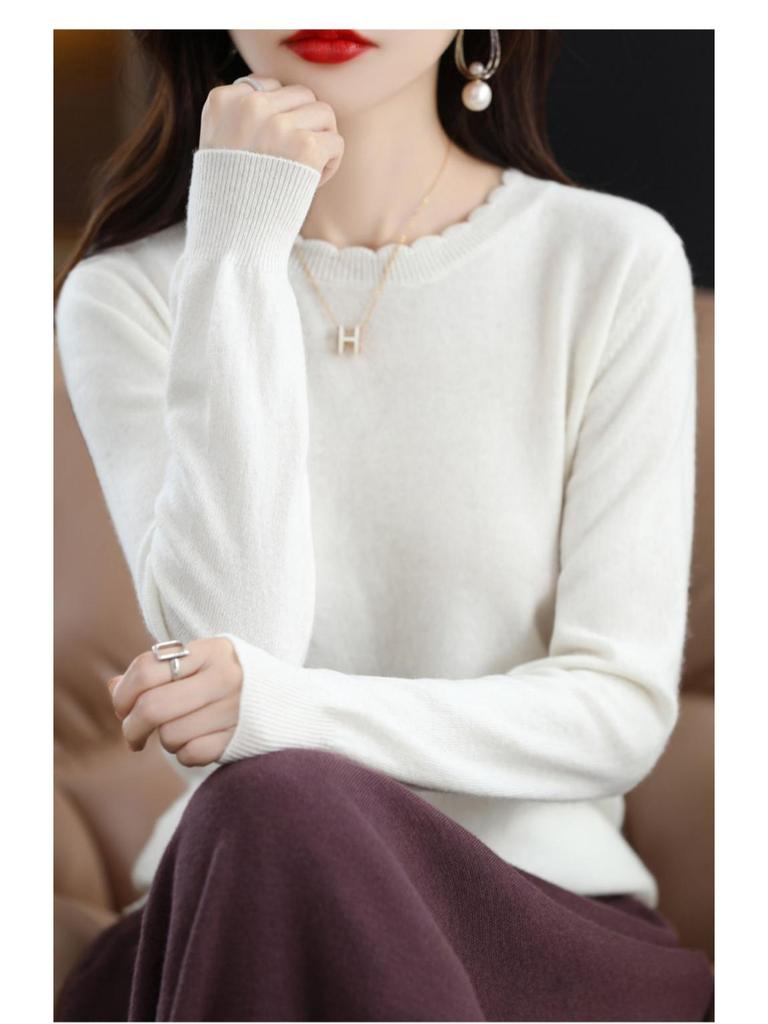 Soft & Cozy Women's Lace Round Neck Knit Sweater - Trendy Spring/Autumn 2025, Long Sleeve, Loose Fit