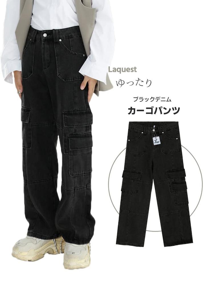 Laquest Cargo Pants in Black Denim Men's Wide-Leg (Size L)