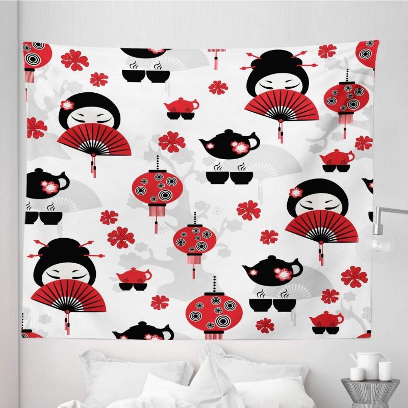Oriental Tapestry King Size Geisha with Japanese Fan Chinese Traditional Tea Pot Floral Graphic Design Wall Hanging Bedspread 74x94cm(29x37in)