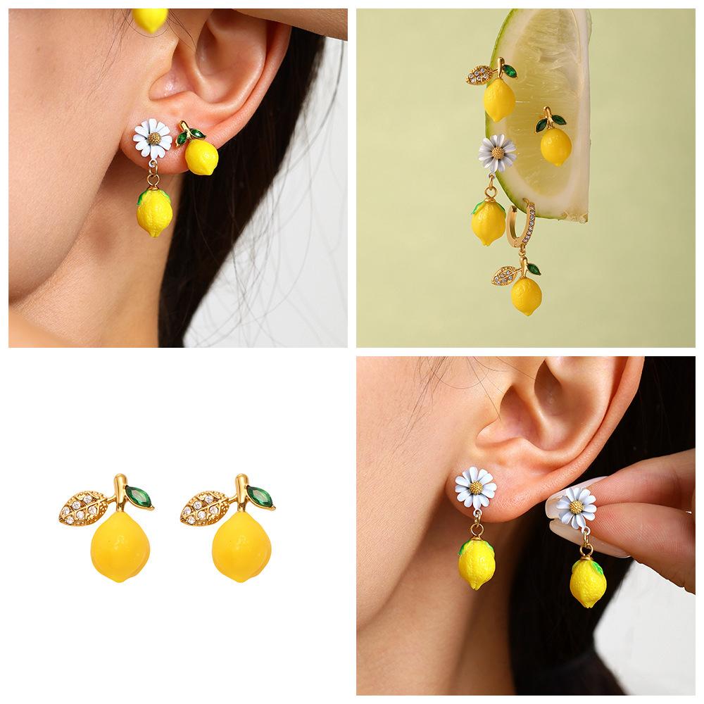 Lemon Pendant, Zircon Earrings, European and American Fashion Versatile Personality Temperament Cute Flower Stud Earrings