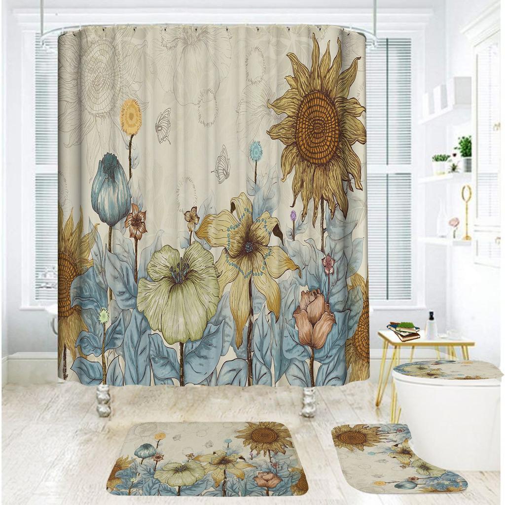 Bathroom Shower Curtain Four-Piece Shower Curtain Waterproof And Mildew-Proof Sunflower Shower Curtain Partition Curtain Free Of Punching