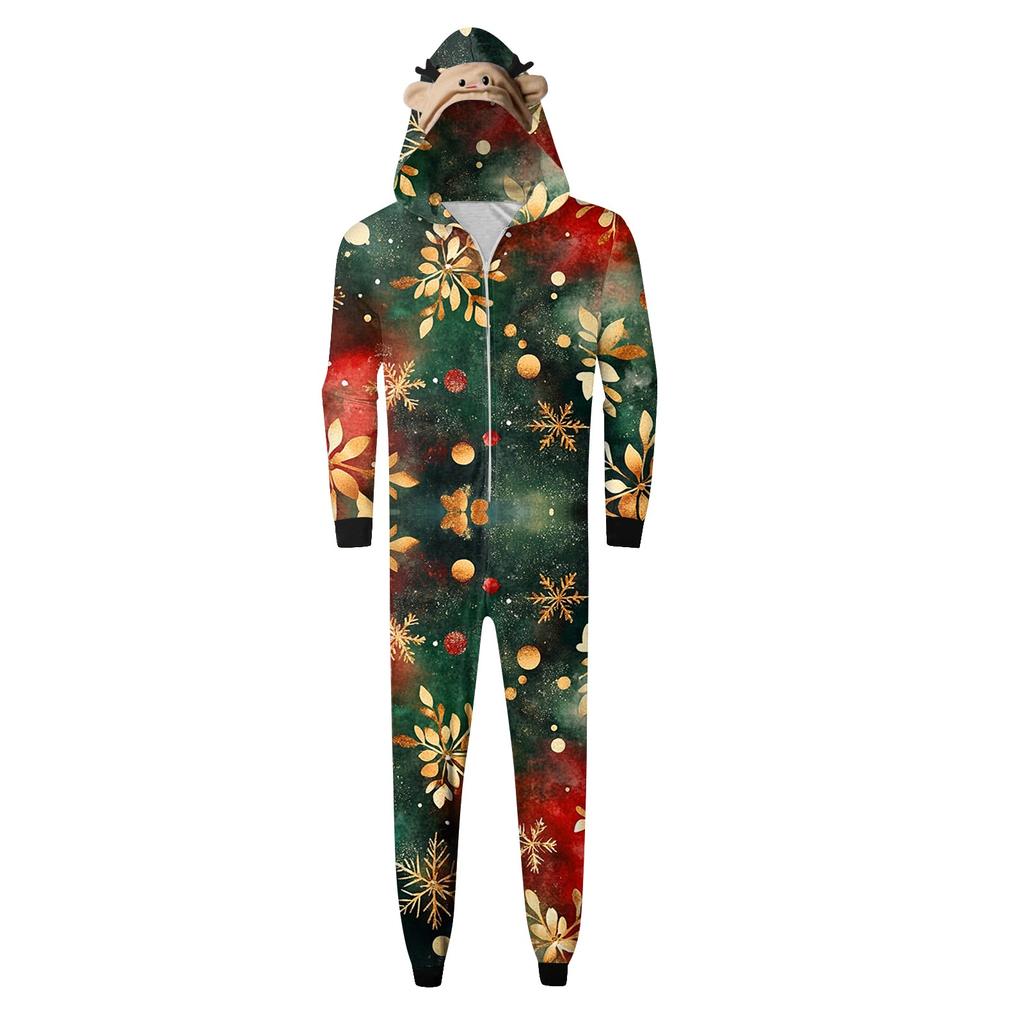 Parent Child Outfit - Christmas Print Family Matching Hooded Long Sleeved Zippered Jumpsuit Set