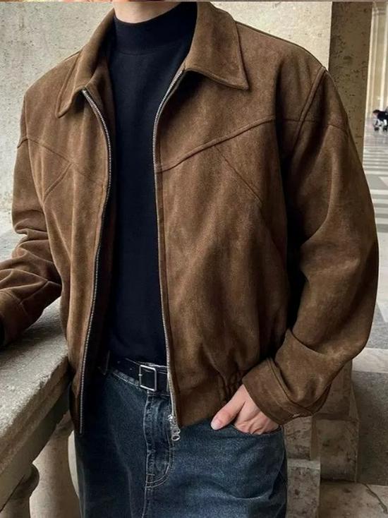 Korean Men's Suede Bomber Jacket: Autumn/Winter, Short, Loose, Thickened, Lapel, Zipper, Hong Kong Style.