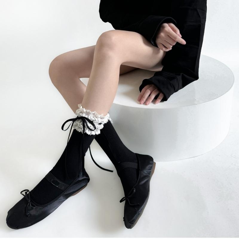 Fashionable Over The Knee Socks with Cute Ribbon Bowknot Stretchy Lace Trimmed Thigh High Long Stockings for Women