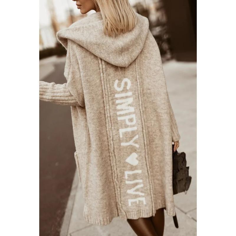 Letter Hooded Cardigan Knit Sweater Women Autumn Winter Loose Long Sleeve Coat Long Knitted Jacket Pocket Overcoat Office Lady