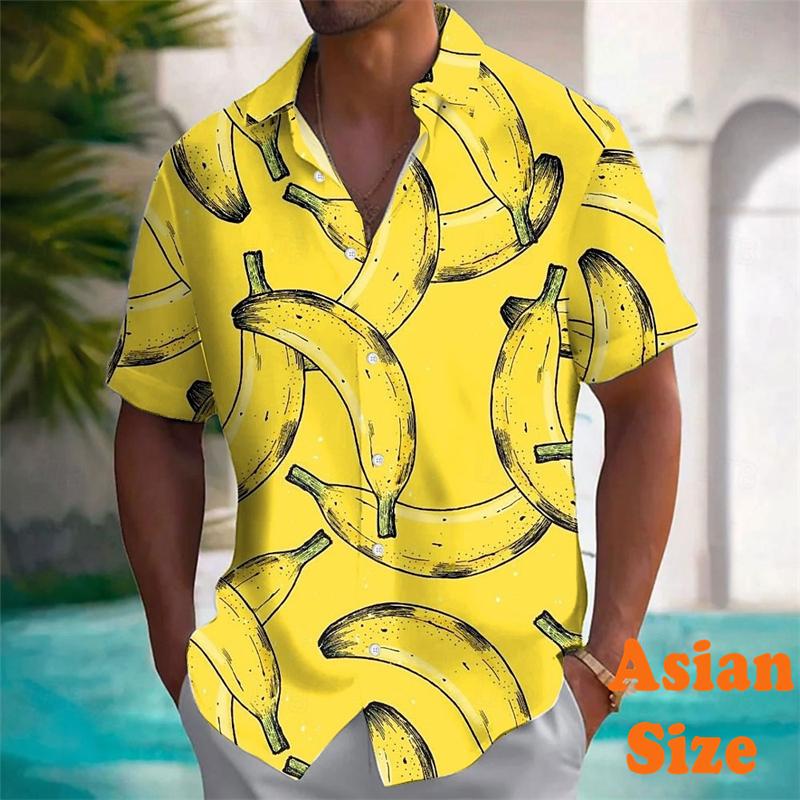 Herren Hawaiianhemd Tropisches Bananenmuster Lustig 3D-Druckhemd Kurzarm Einreiher Strandhemden Damen Bluse