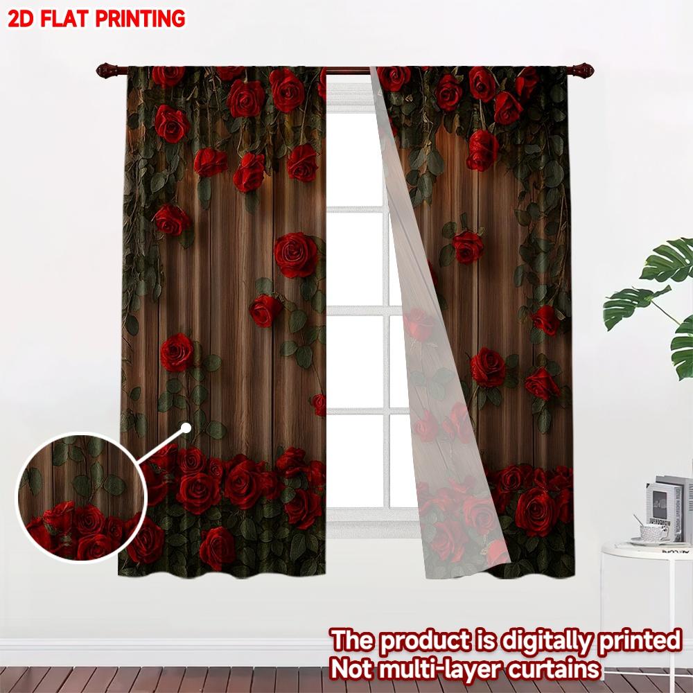 Set Of 2 Flat Printing Happy Valentine Day Drapes Theme Roses Digital Printed Polyester Festive Wall Curtains Made