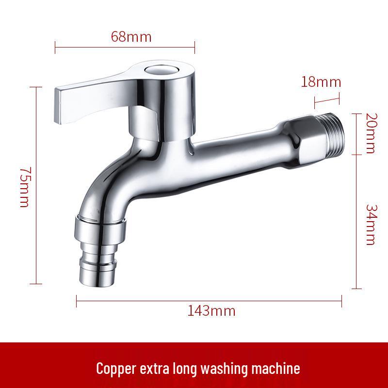 Copper Outdoor Washing Machine Faucet with Quick-Open Extended Spout, 4-Point Connect, 304 Stainless Steel, One-In Two-Out Design.