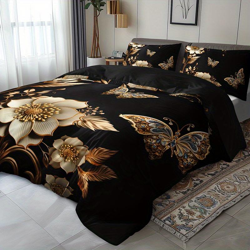3pcs Luxury Golden Butterfly Floral Bedding Duvet Cover Set Black Golden Bedding Quilt Set Elegant Butterfly Themed Bed