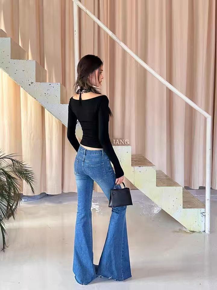 Women's High Waist Flared Wide Leg Jeans - Retro Horseshoe Design for Autumn/Winter