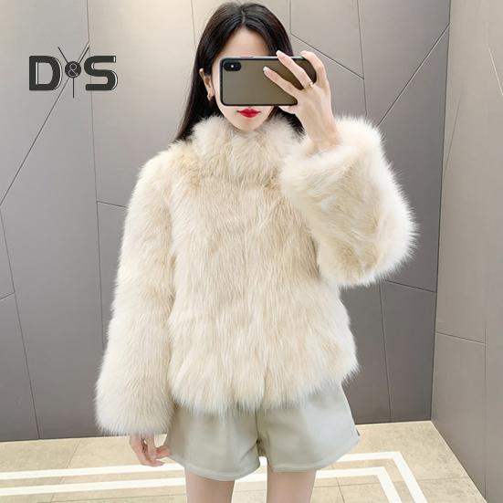 Auutmn Winter Lady Cardigan Coat Furry Plush Stand Collar Heat Retention Long Sleeves Thickened Short Type Solid Color Faux Fur Jacket